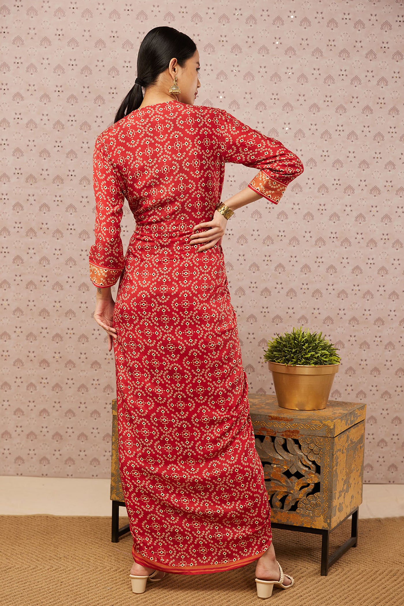 Sougat Paul Bandhej Printed Overlap Drape Dress western indian designer womenswear fashion online shopping melange singapore