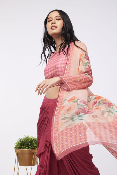 Sougat Paul Blooming Bud Printed Drape Skirt Set With Jacket western indian designer womenswear fashion online shopping melange singapore