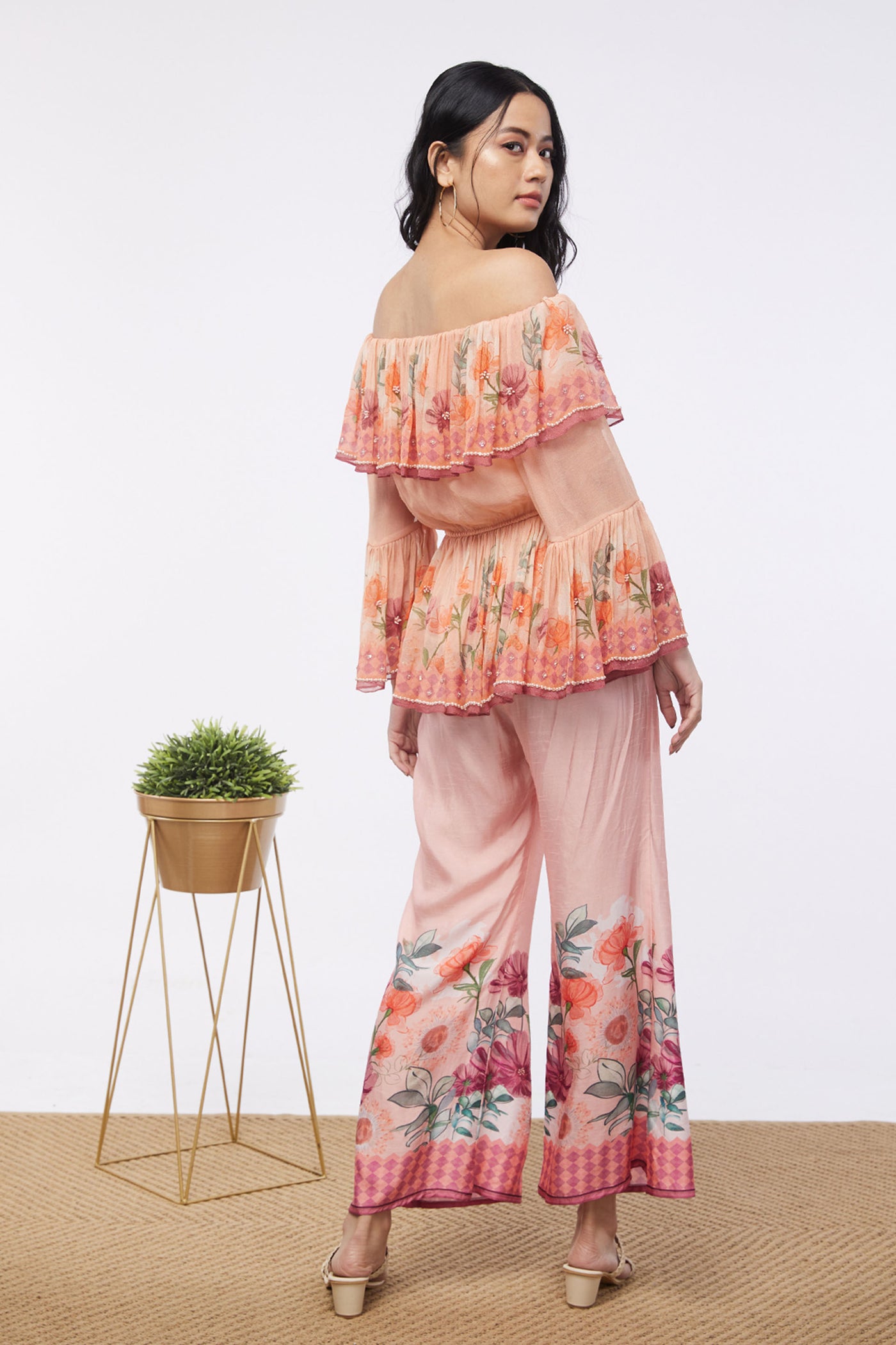 Sougat Paul Blooming Bud Printed Off-shoulder Embroidered Top With Flared Pants western indian designer womenswear fashion online shopping melange singapore