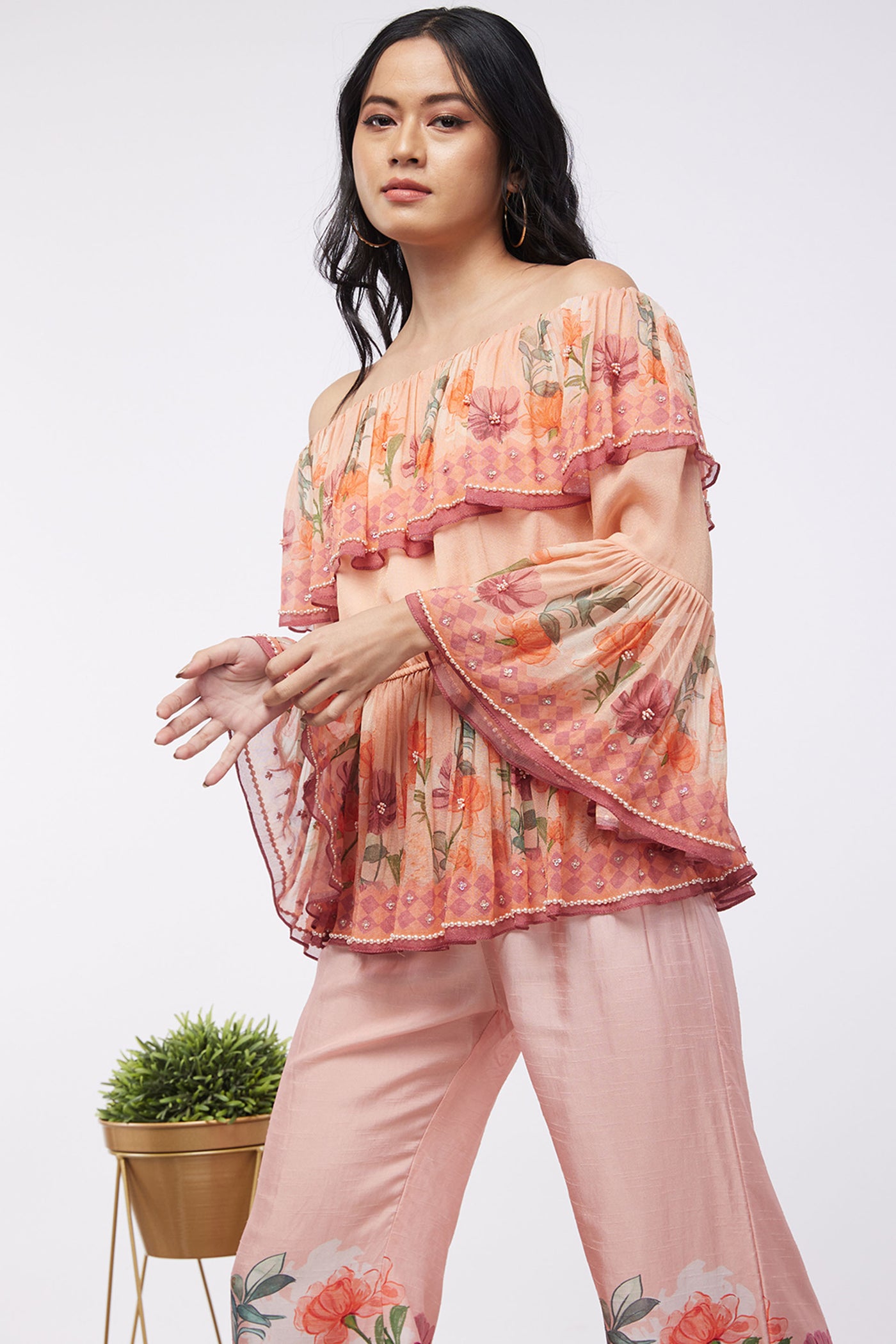 Sougat Paul Blooming Bud Printed Off-shoulder Embroidered Top With Flared Pants western indian designer womenswear fashion online shopping melange singapore