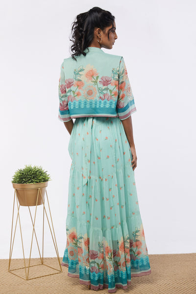 Sougat Paul Blooming Bud Printed Tiered Dress With Jacket western indian designer womenswear fashion online shopping melange singapore