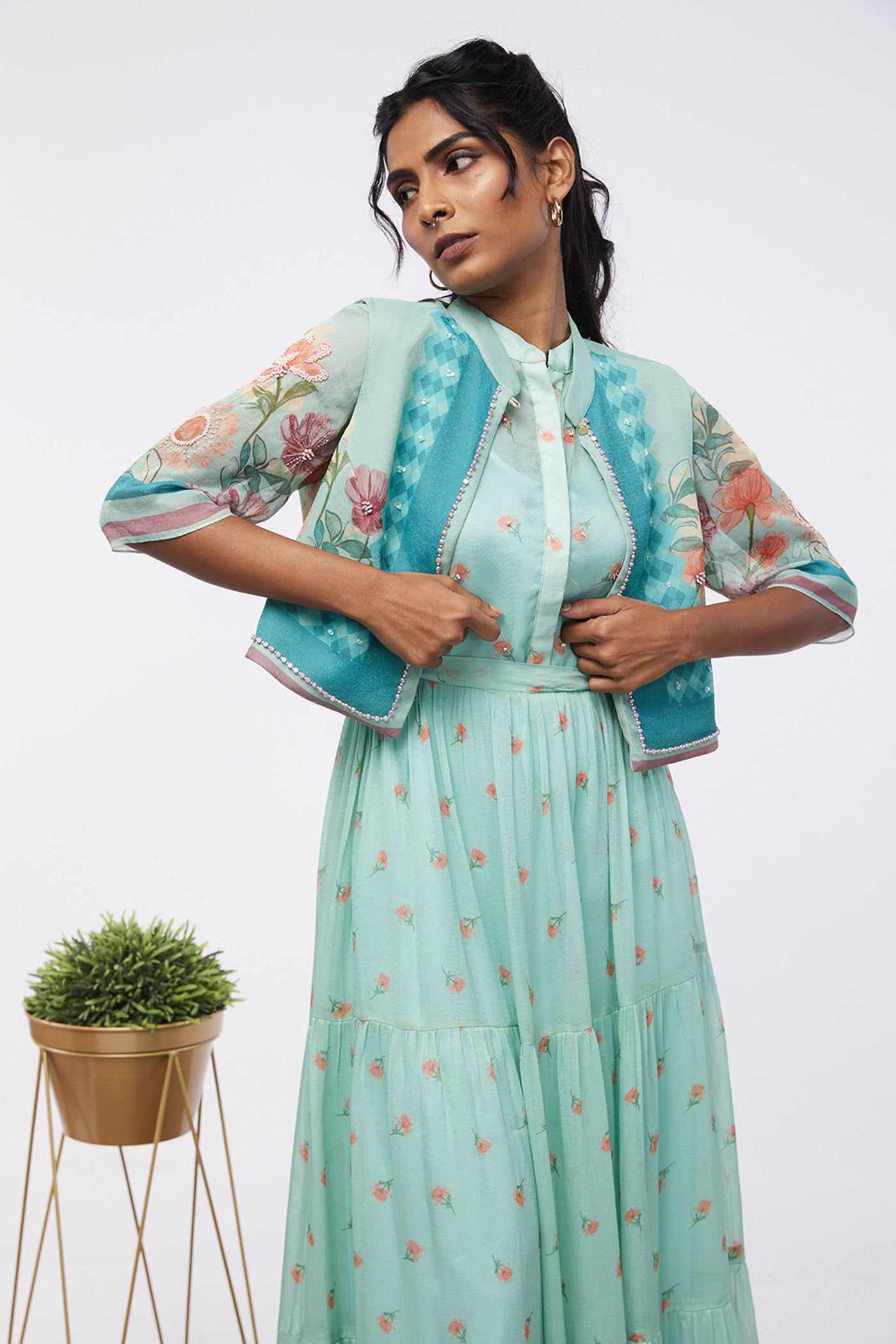 Sougat Paul Blooming Bud Printed Tiered Dress With Jacket western indian designer womenswear fashion online shopping melange singapore
