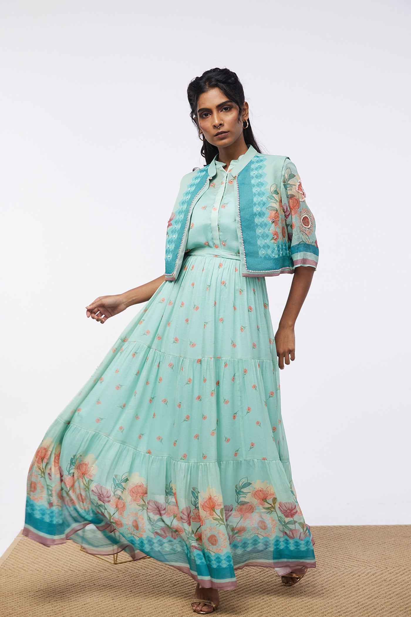 Sougat Paul Blooming Bud Printed Tiered Dress With Jacket western indian designer womenswear fashion online shopping melange singapore