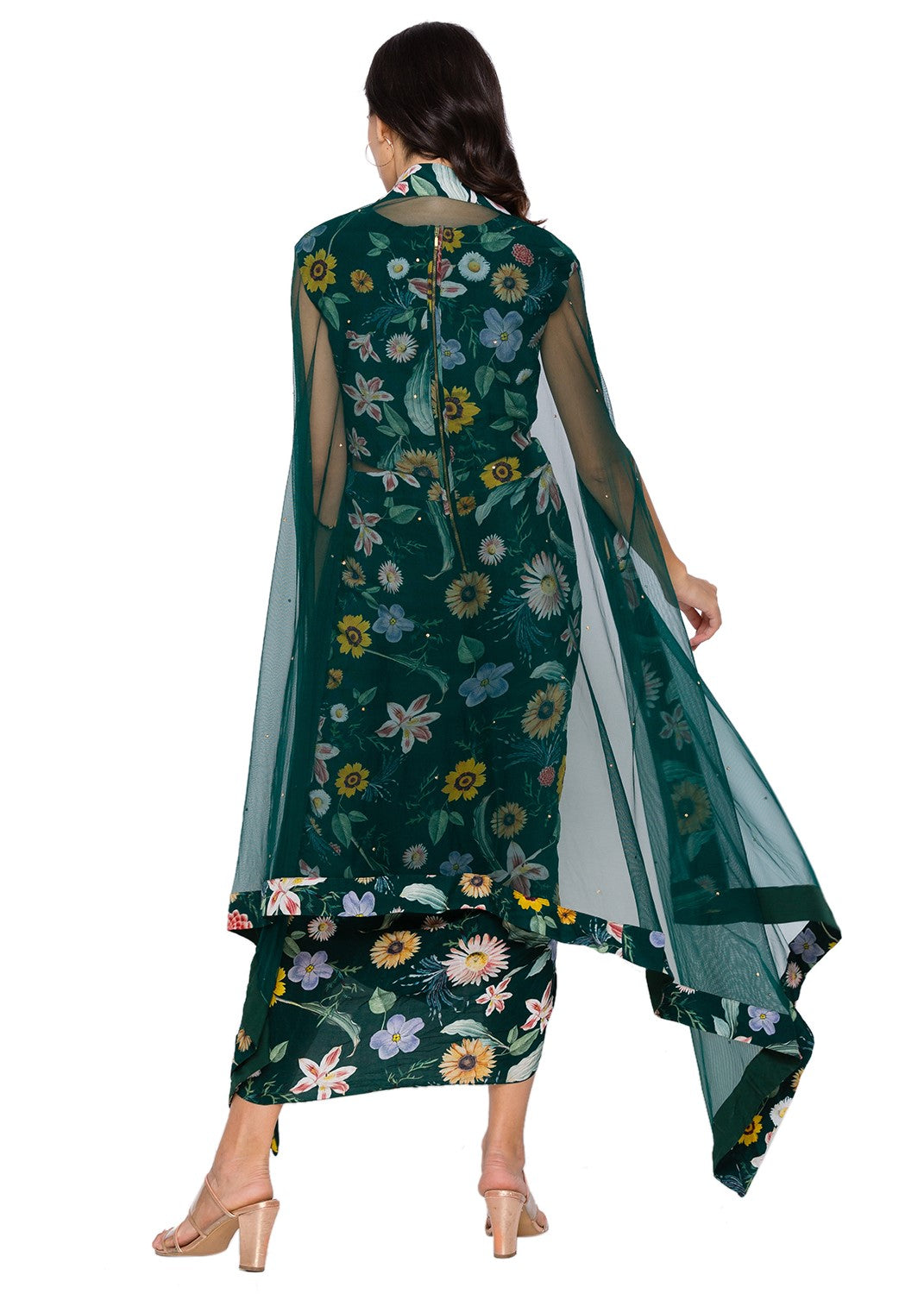 Sougat Paul Bottle Green Drape Dress With Cape modern fusion indian designer wear online shopping melange singapore