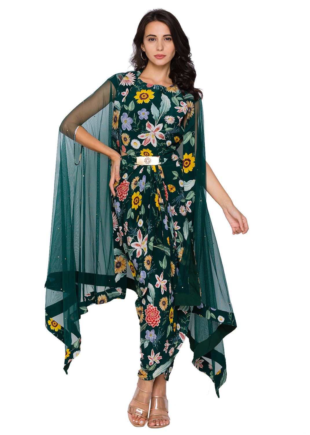 Sougat Paul Bottle Green Drape Dress With Cape modern fusion indian designer wear online shopping melange singapore
