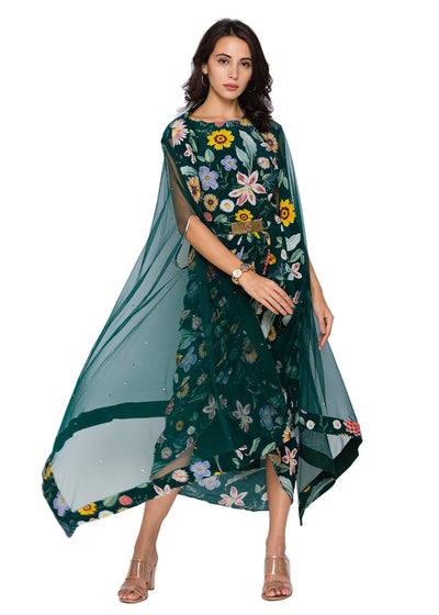 Sougat Paul Bottle Green Drape Dress With Cape modern fusion indian designer wear online shopping melange singapore