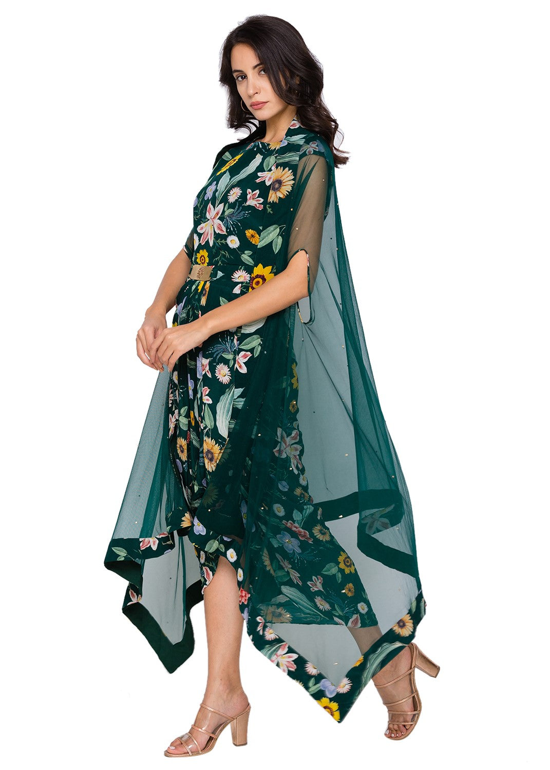 Sougat Paul Bottle Green Drape Dress With Cape modern fusion indian designer wear online shopping melange singapore