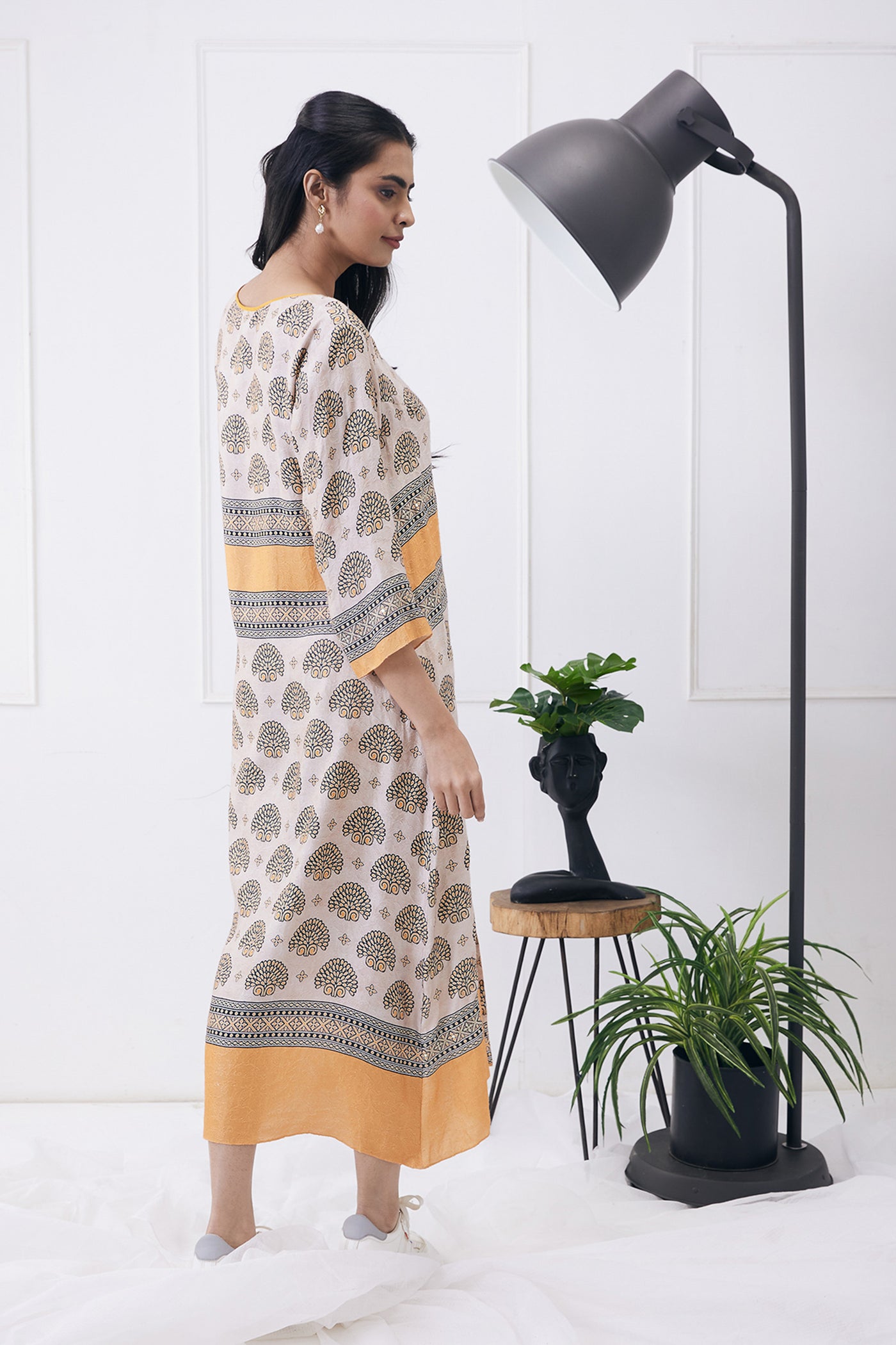 sougat paul Ela Printed Boxy Dress beige orange online shopping melange singapore indian designer wear