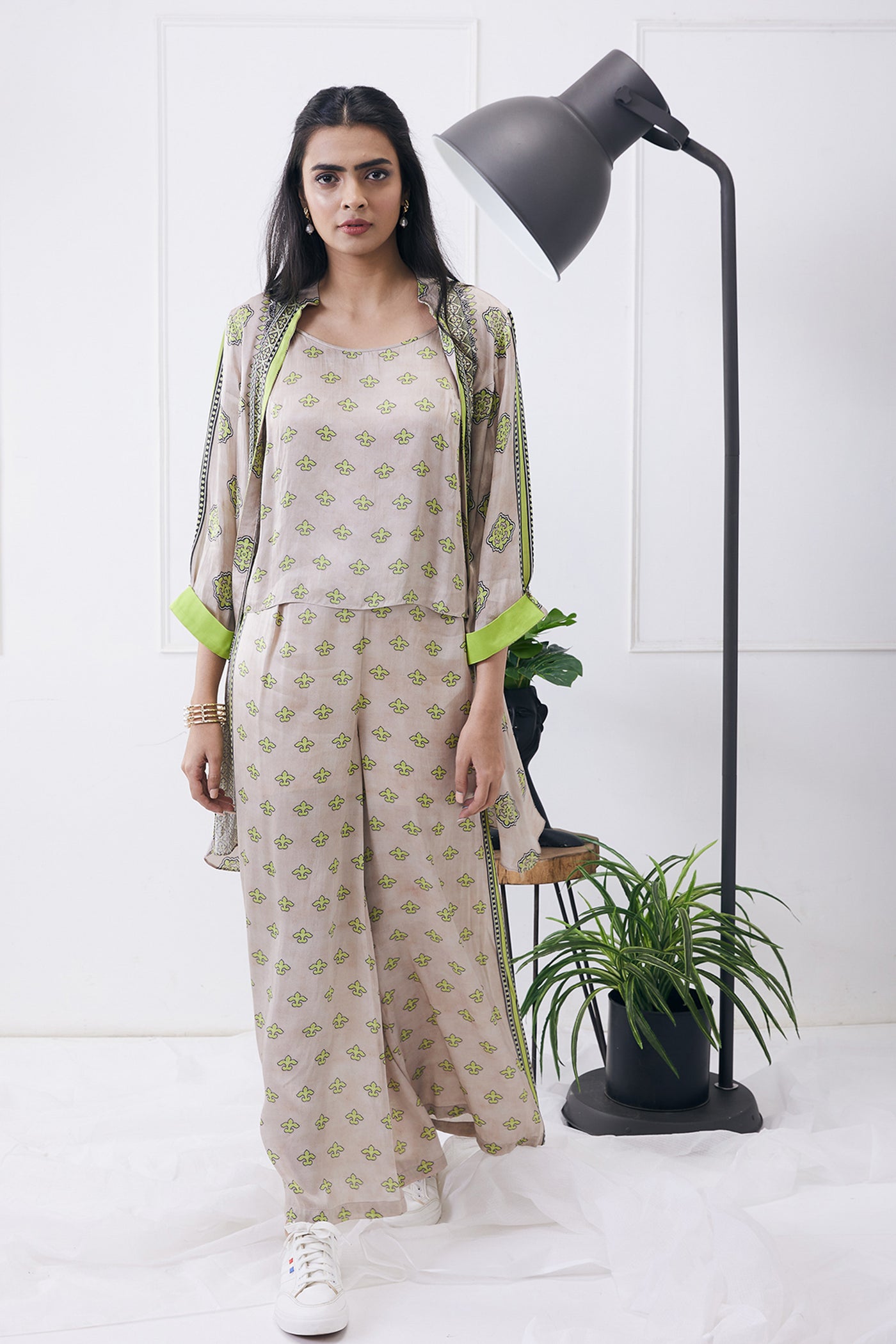 sougat paul Ela Printed Co-ord Set With Jacket beige green online shopping melange singapore indian designer wear