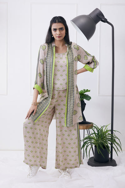 sougat paul Ela Printed Co-ord Set With Jacket beige green online shopping melange singapore indian designer wear