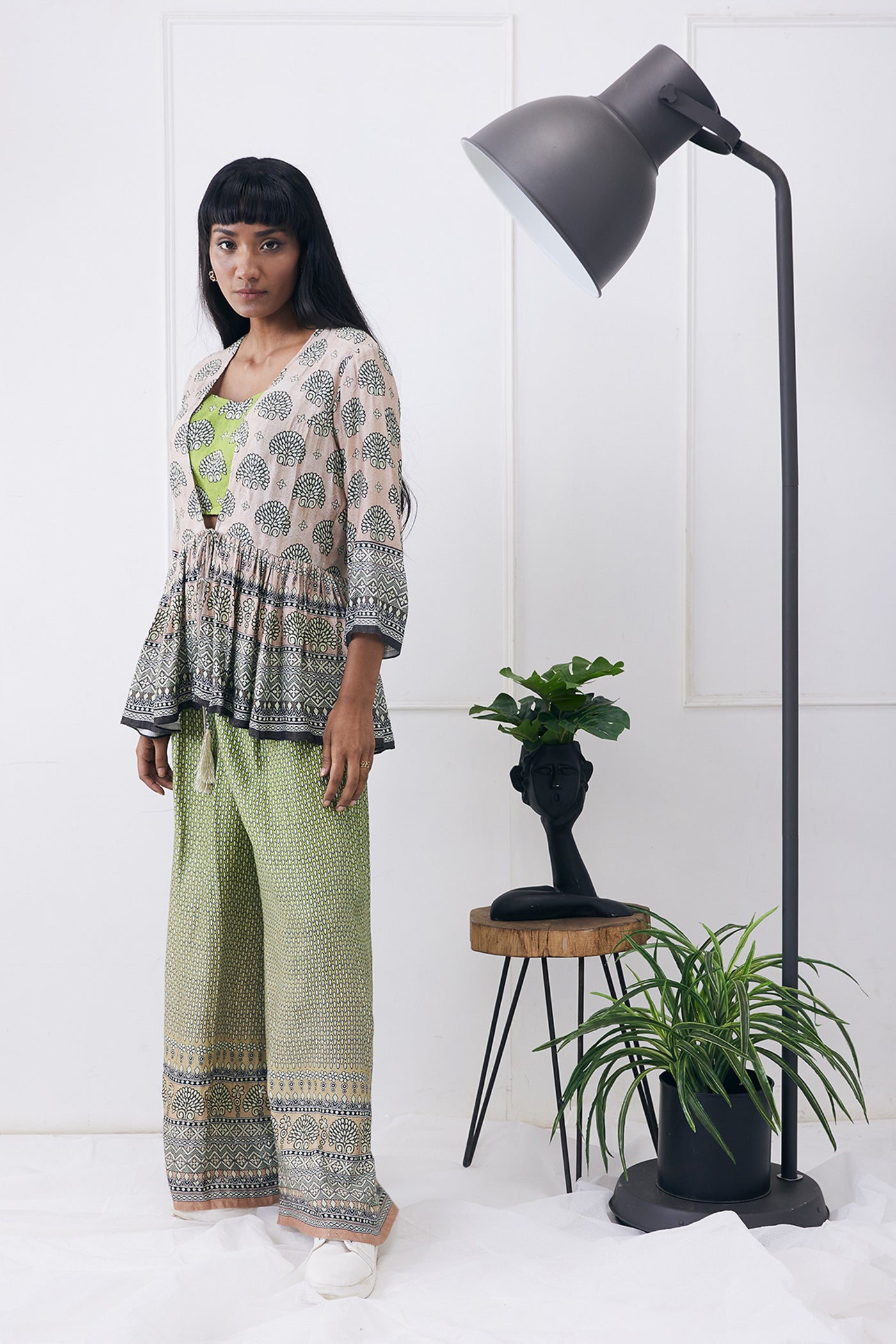 sougat paul Ela Printed Co-ord Set With Peplum Jacket beige online shopping melange singapore indian designer wear
