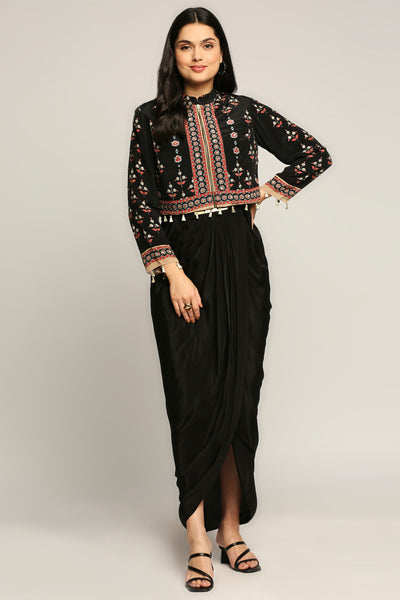 Sougat Paul Ethnic folklore printed top with drape skirt black western indian designer wear online shopping melange singapore