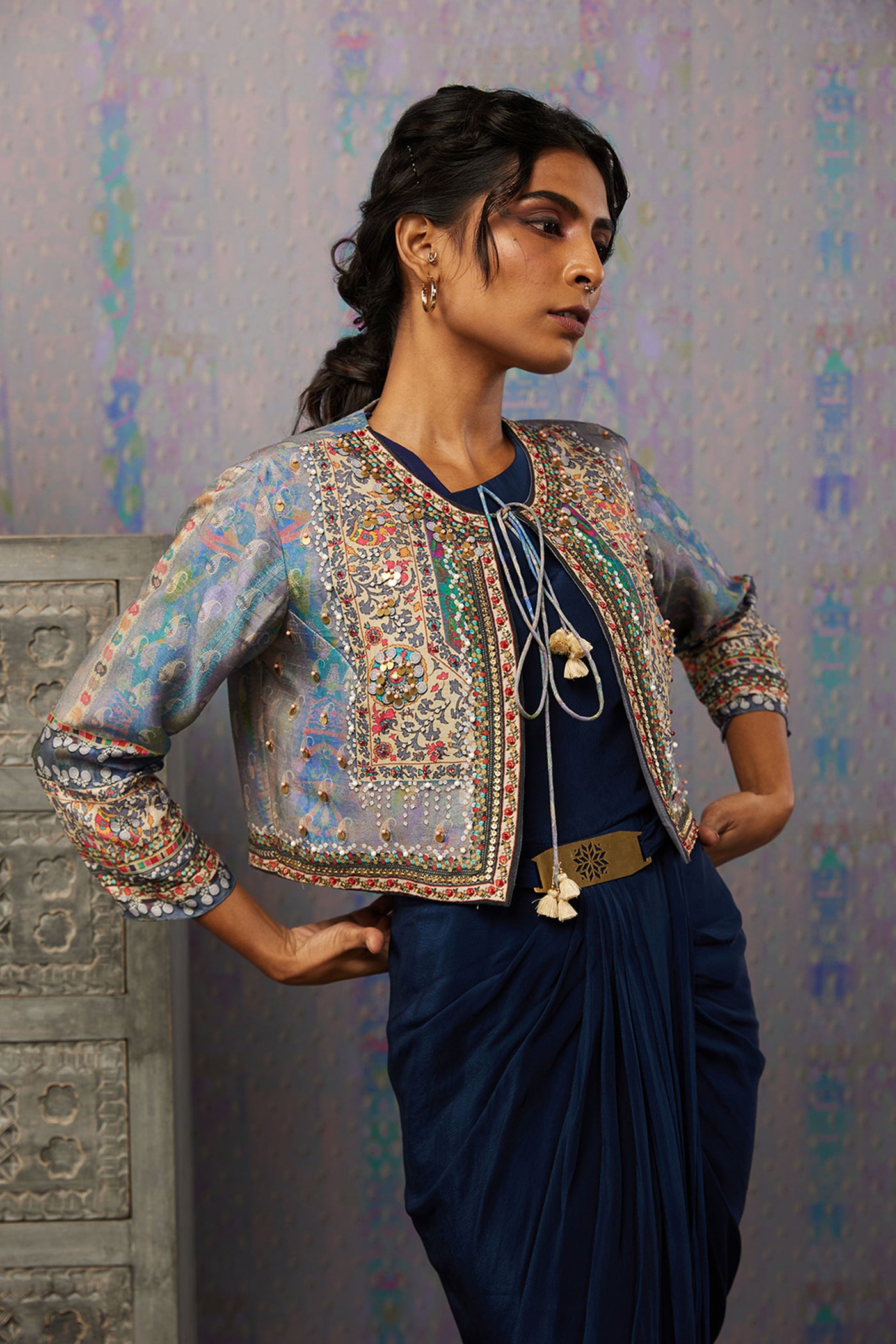 Sougat Paul Ikaya Embroidered Drape Dress With Jacket western indian designer womenswear fashion online shopping melange singapore