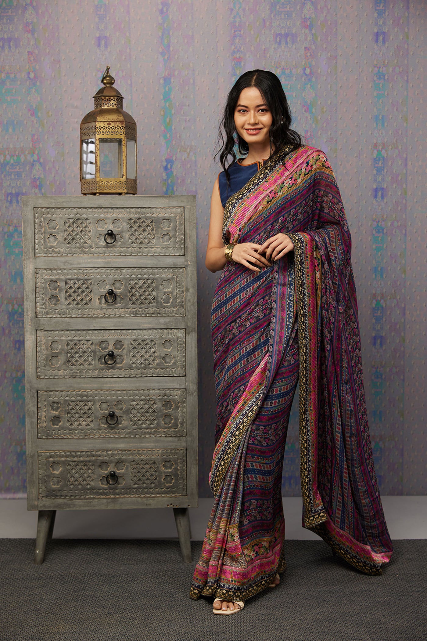 Sougat Paul Ikaya Printed Pre-stiched Saree With Blouse western indian designer womenswear fashion online shopping melange singapore