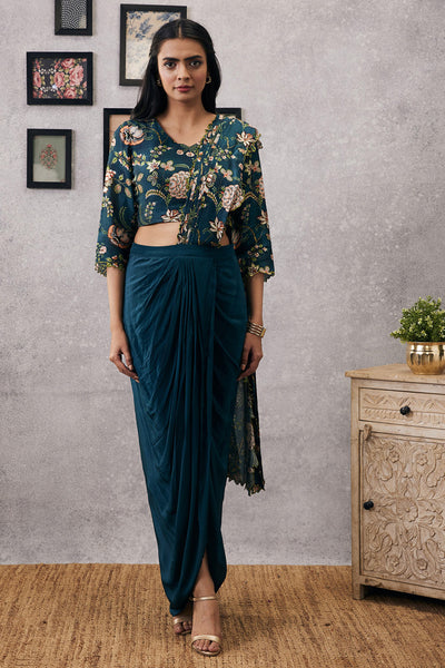 sougat paul Mehr Cutwork Pre-Draped Saree green online shopping melange singapore indian designer wear