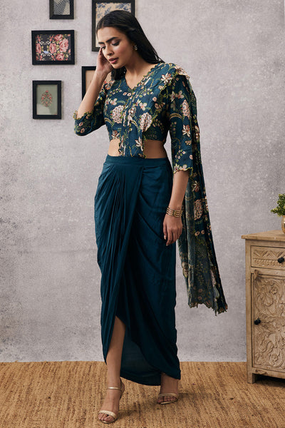sougat paul Mehr Cutwork Pre-Draped Saree green online shopping melange singapore indian designer wear