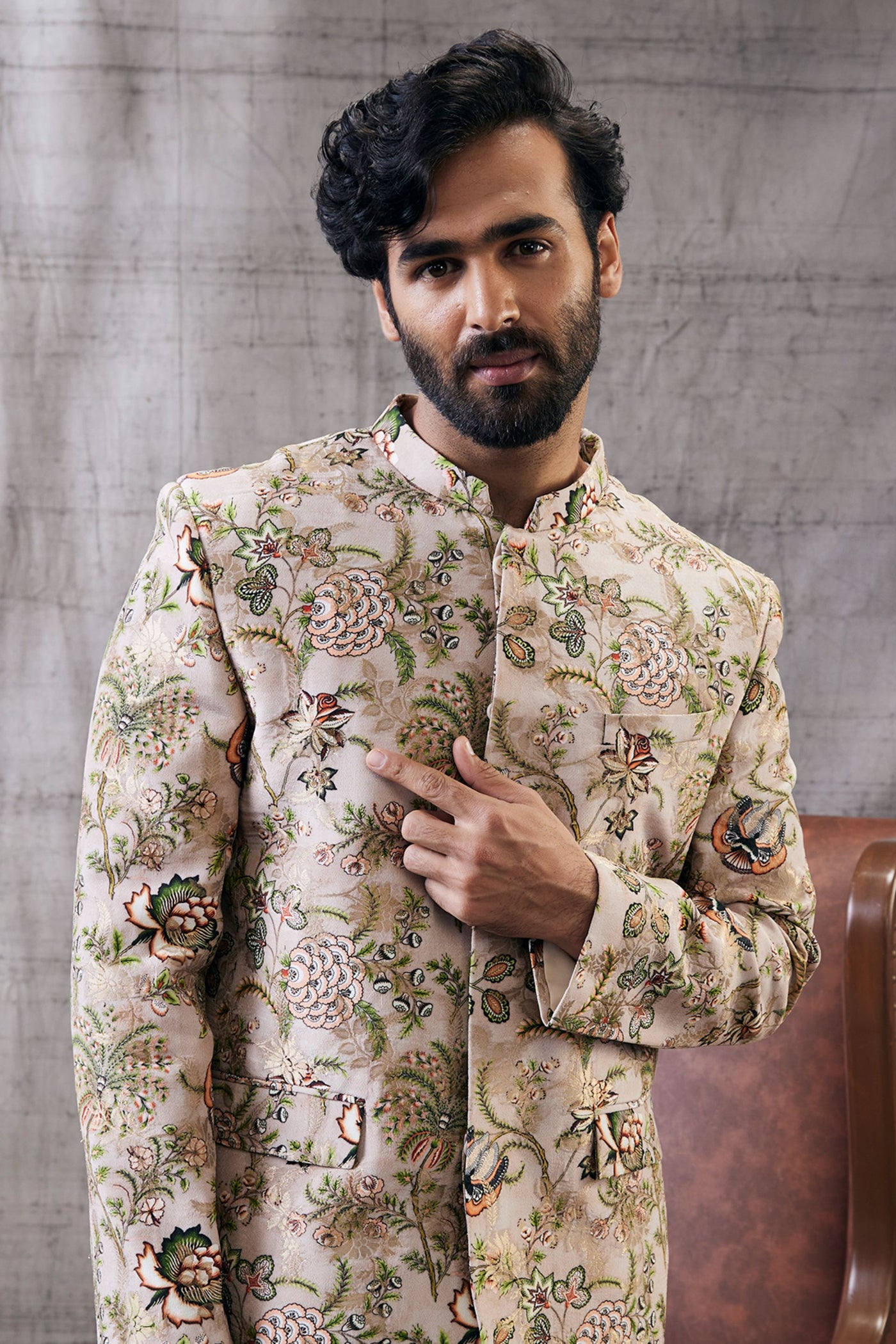 Sougat Paul Menswear Mehr Printed Bandhgala Set Indian designer wear online shopping melange singapore