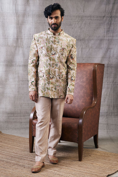 Sougat Paul Menswear Mehr Printed Bandhgala Set Indian designer wear online shopping melange singapore