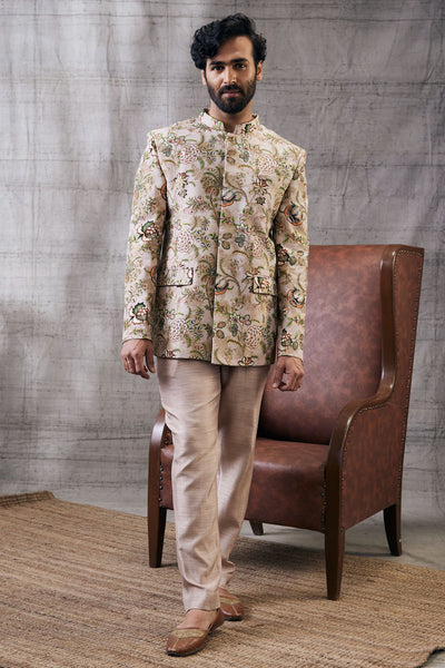 Sougat Paul Menswear Mehr Printed Bandhgala Set Indian designer wear online shopping melange singapore