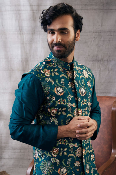 Sougat Paul Menswear Mehr Printed Bundi With Kurta Set Indian designer wear online shopping melange singapore