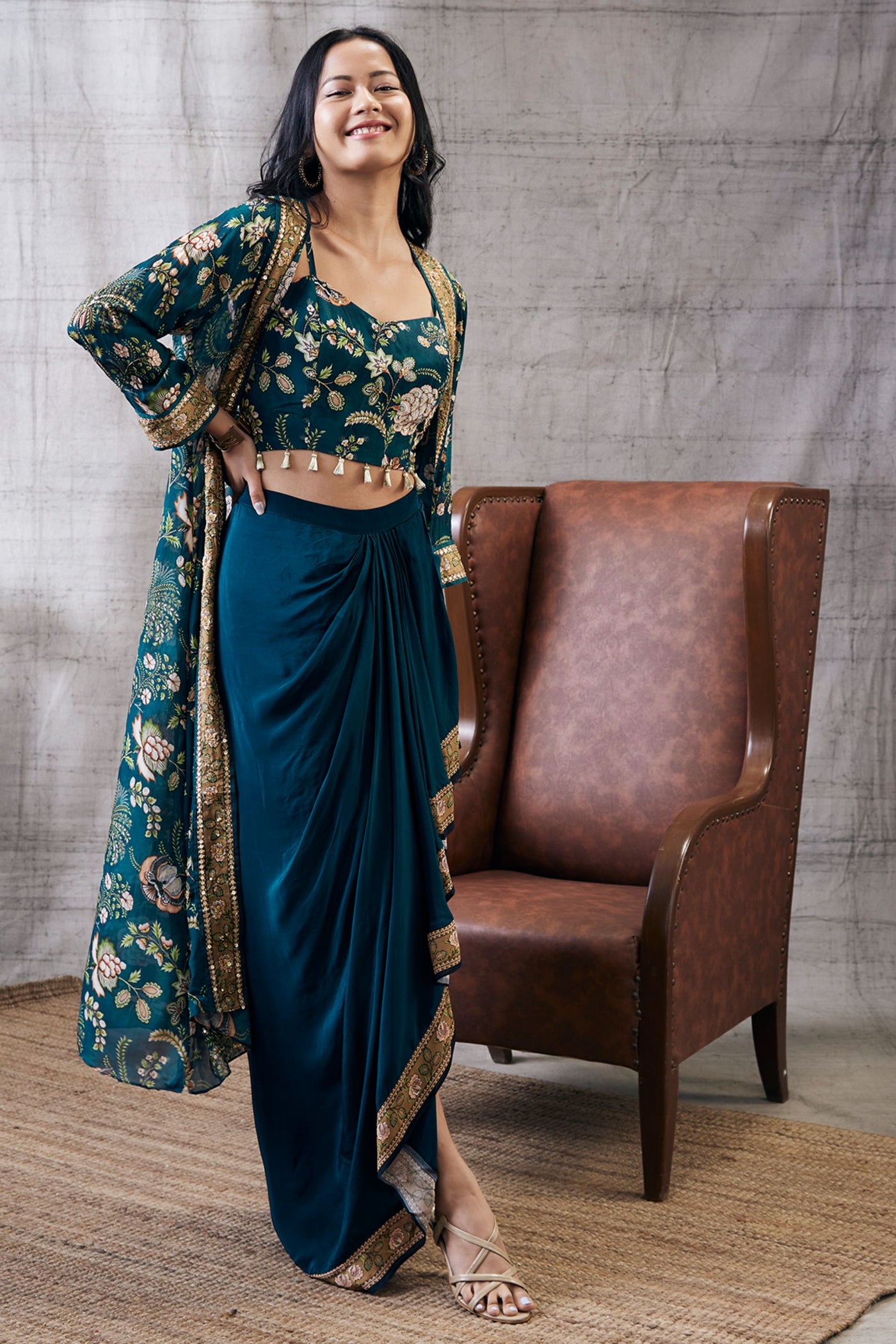 Sougat Paul Mehr Printed Drape Skirt Set With Jacket Indian designer wear online shopping melange singapore