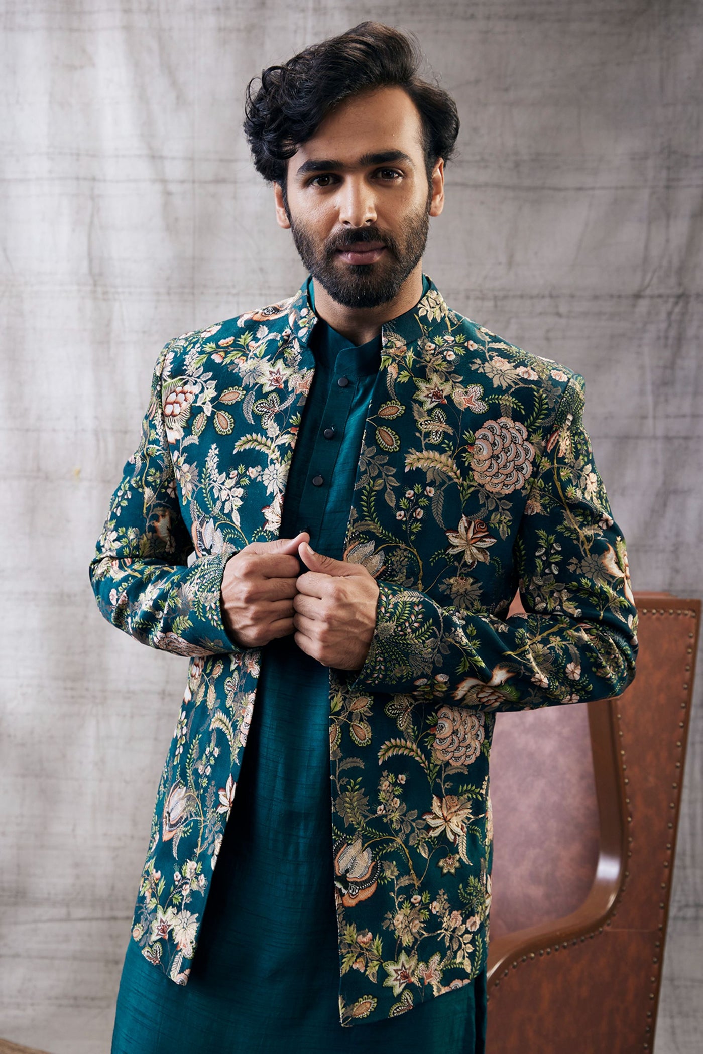 Sougat Paul Menswear Mehr Printed Jacket With Kurta Set Indian designer wear online shopping melange singapore