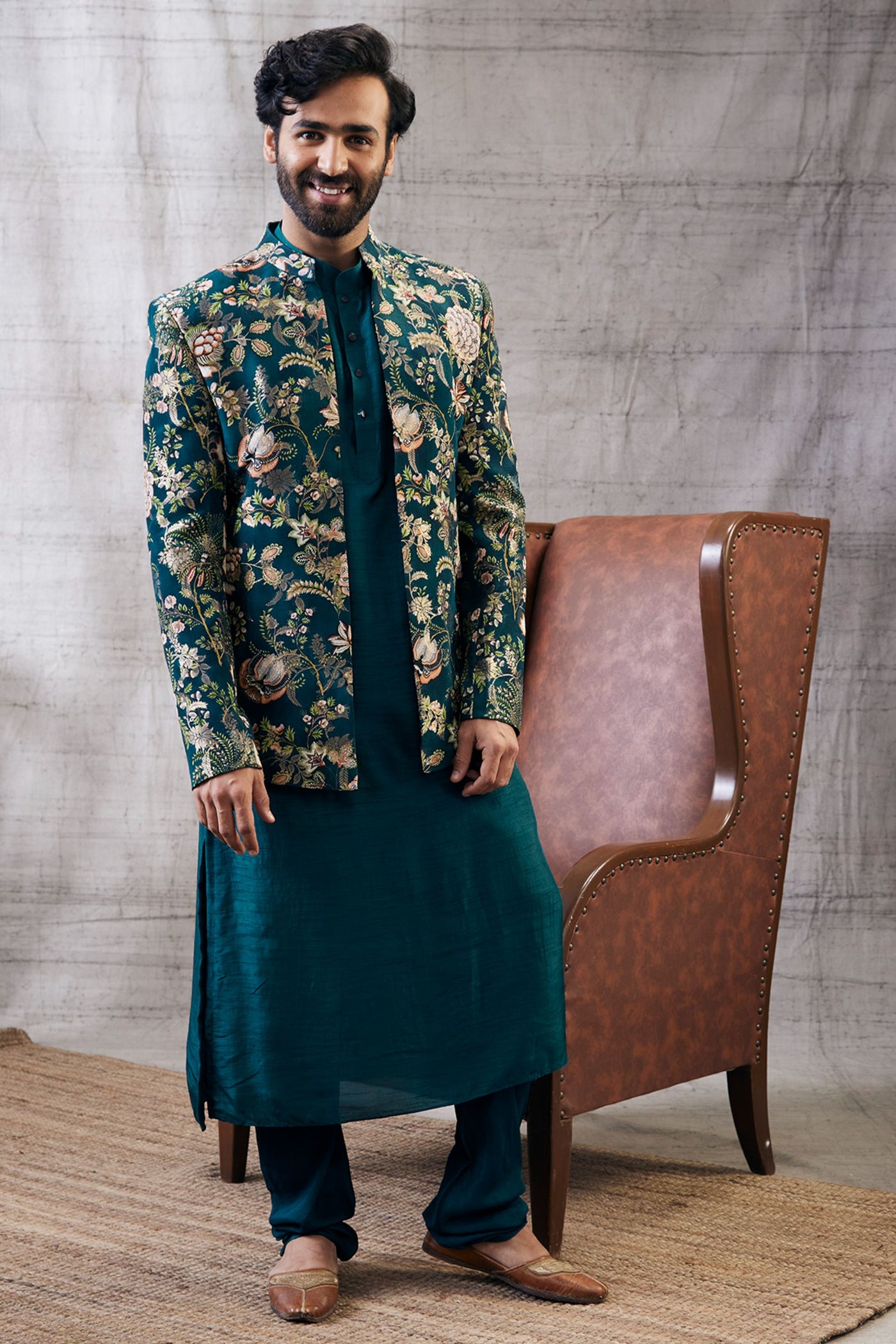 Sougat Paul Menswear Mehr Printed Jacket With Kurta Set Indian designer wear online shopping melange singapore