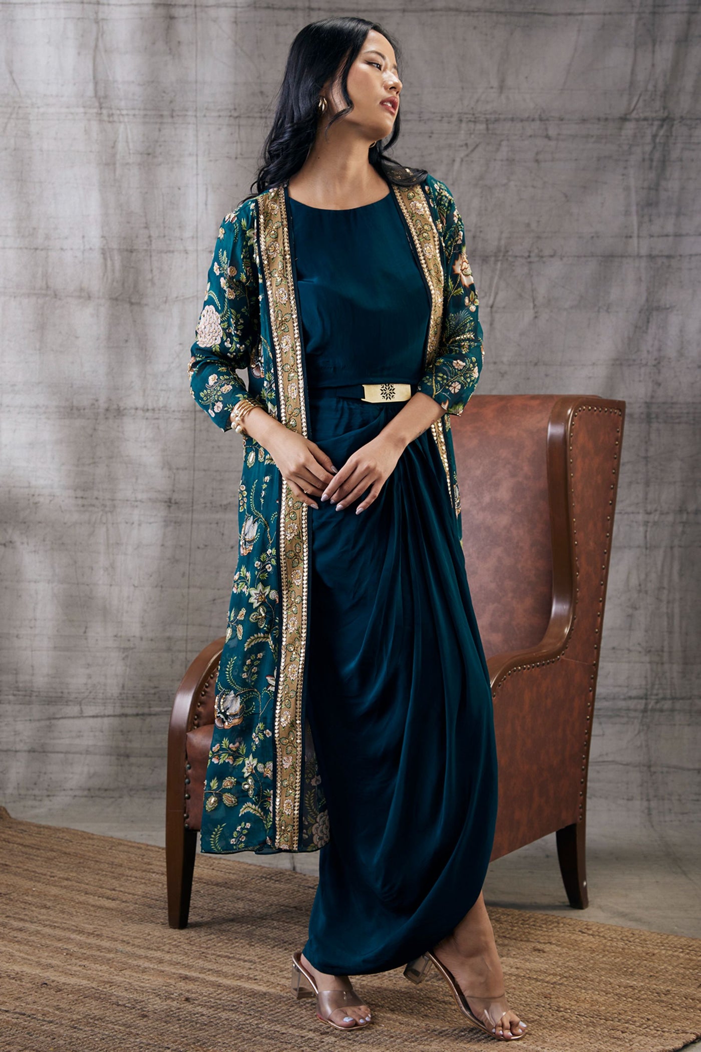 Sougat Paul Mehra Drape Dress With Printed Jacket Indian designer wear online shopping melange singapore