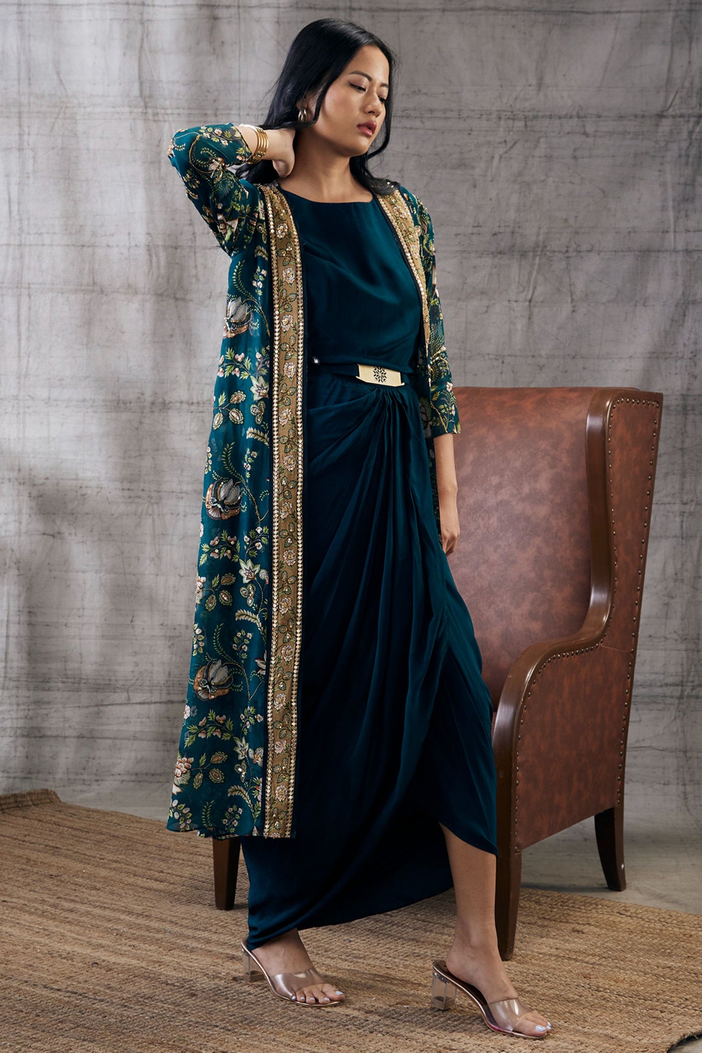 Sougat Paul Mehra Drape Dress With Printed Jacket Indian designer wear online shopping melange singapore