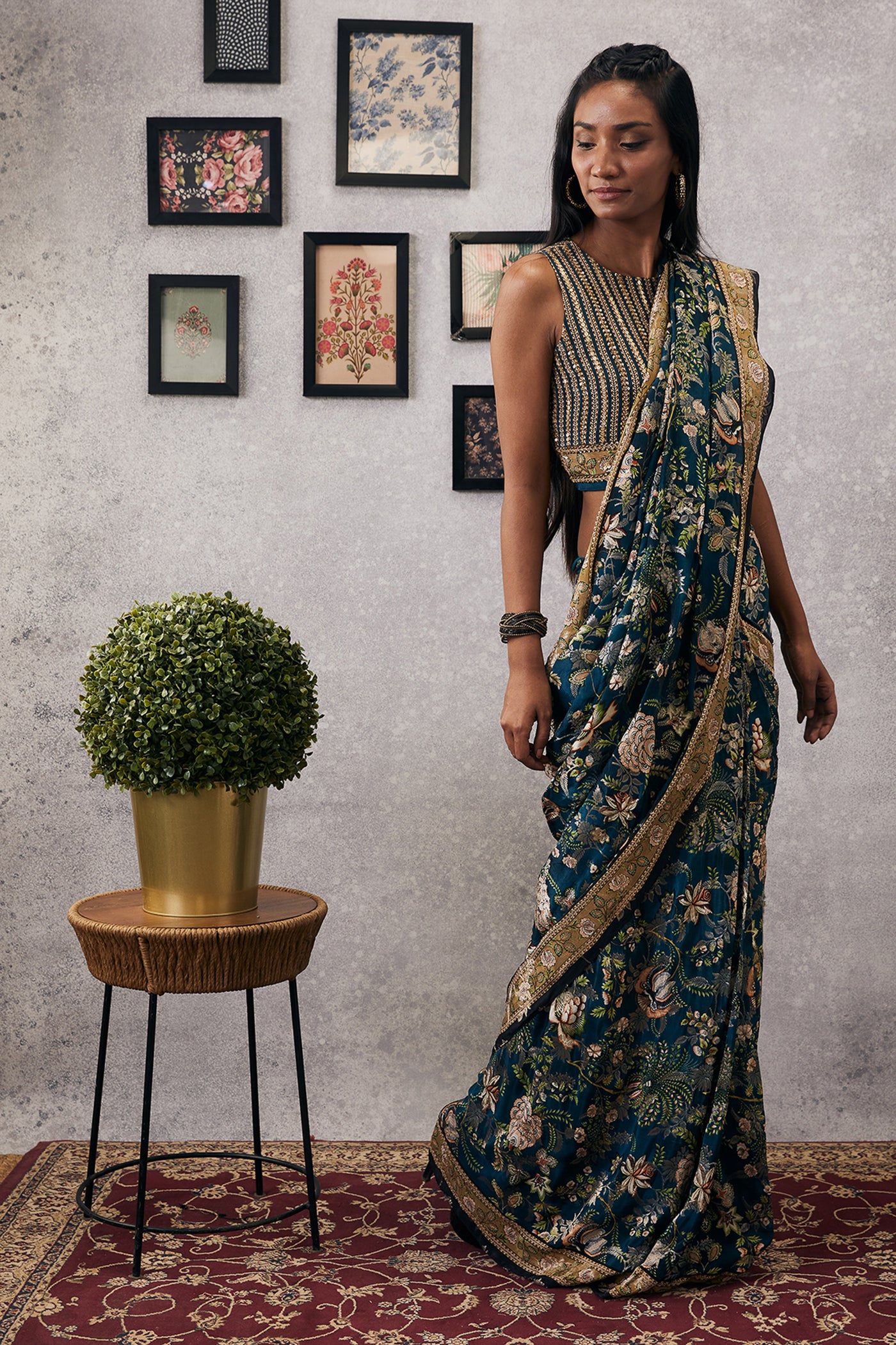 sougat paul Mehr Embroidered Pre-Draped Saree green online shopping melange singapore indian designer wear