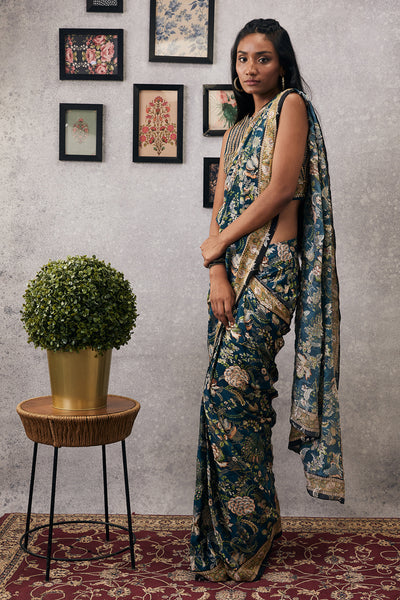 sougat paul Mehr Embroidered Pre-Draped Saree green online shopping melange singapore indian designer wear
