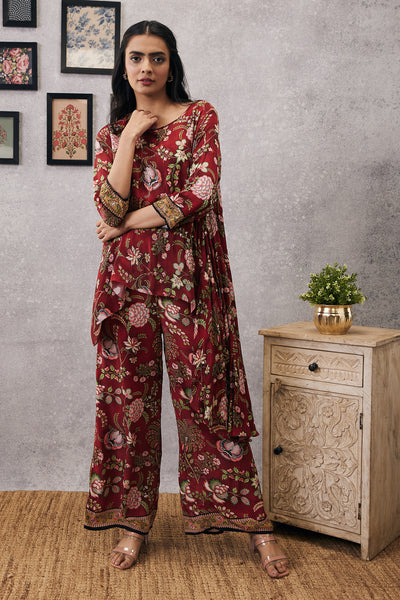 sougat paul Mehr embroidered asymmetric co-ord set red online shopping melange singapore indian designer wear