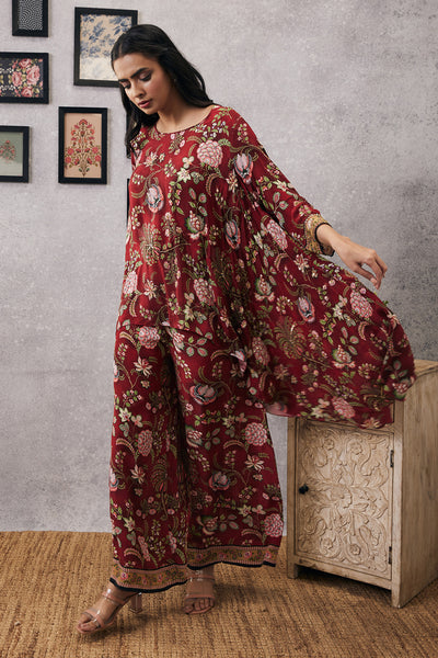 sougat paul Mehr embroidered asymmetric co-ord set red online shopping melange singapore indian designer wear