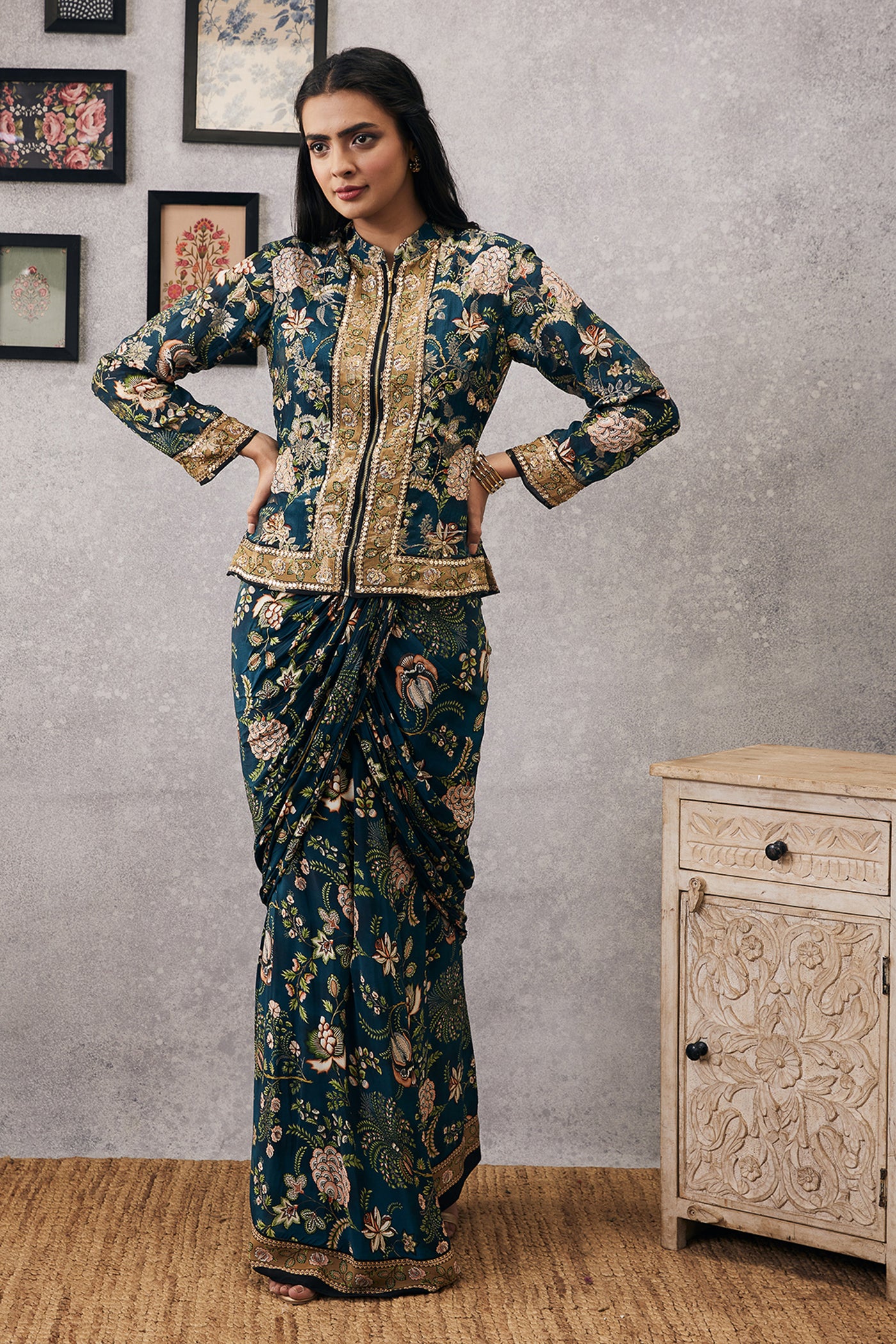 sougat paul Mehr Embroidered Jacket With Drape Skirt green online shopping melange singapore indian designer wear