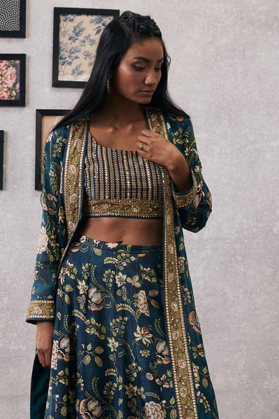 sougat paul Mehr Embroidered Lehenga Set With Jacket green online shopping melange singapore indian designer wear