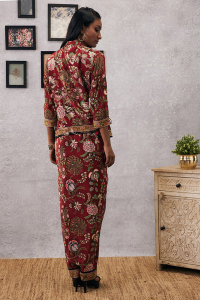sougat paul Mehr Printed Drape Dress With Jacket red online shopping melange singapore indian designer wear