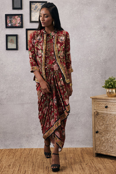 sougat paul Mehr Printed Drape Dress With Jacket red online shopping melange singapore indian designer wear