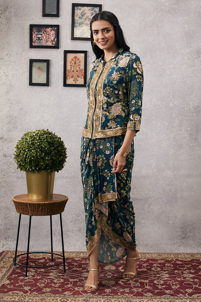 sougat paul Mehr Printed Drape Dress With Jacket green online shopping melange singapore indian designer wear