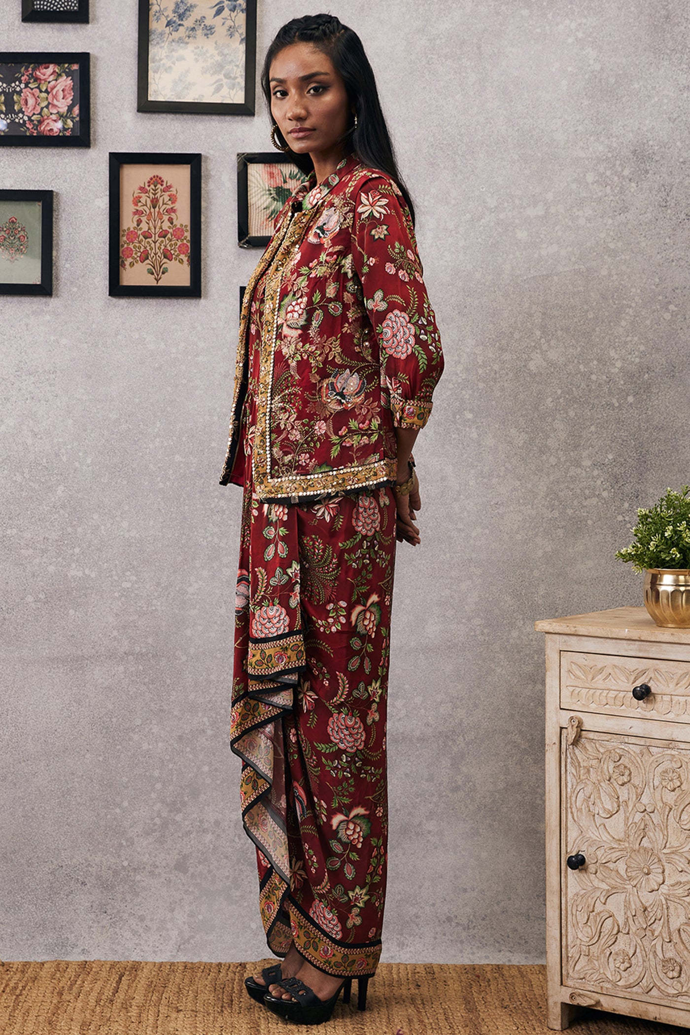 sougat paul Mehr Printed Drape Dress With Jacket red online shopping melange singapore indian designer wear