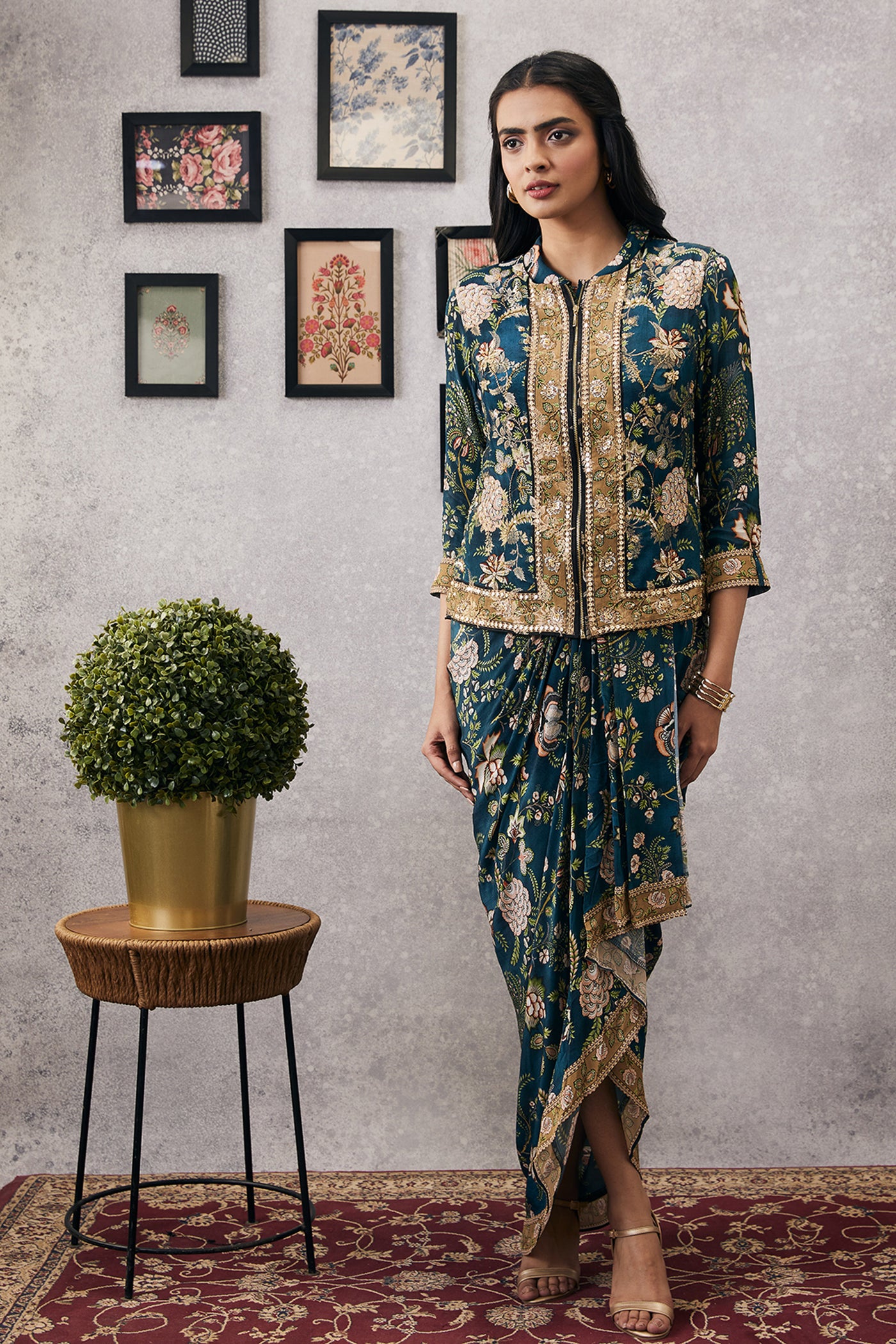 sougat paul Mehr Printed Drape Dress With Jacket green online shopping melange singapore indian designer wear
