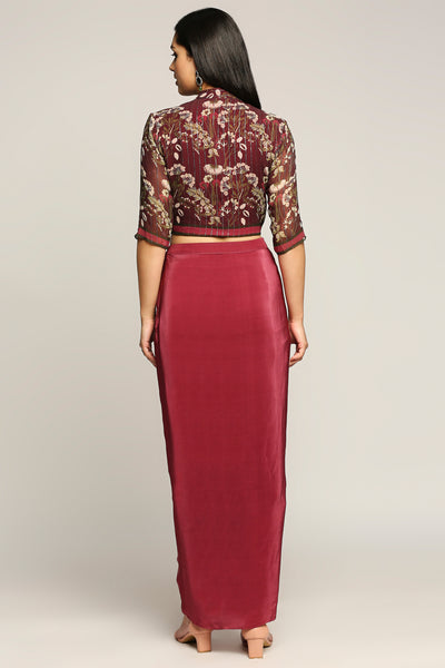 sougat Paul Night Shade Printed Top With Drape Skirt wine western indian designer wear online shopping melange singapore