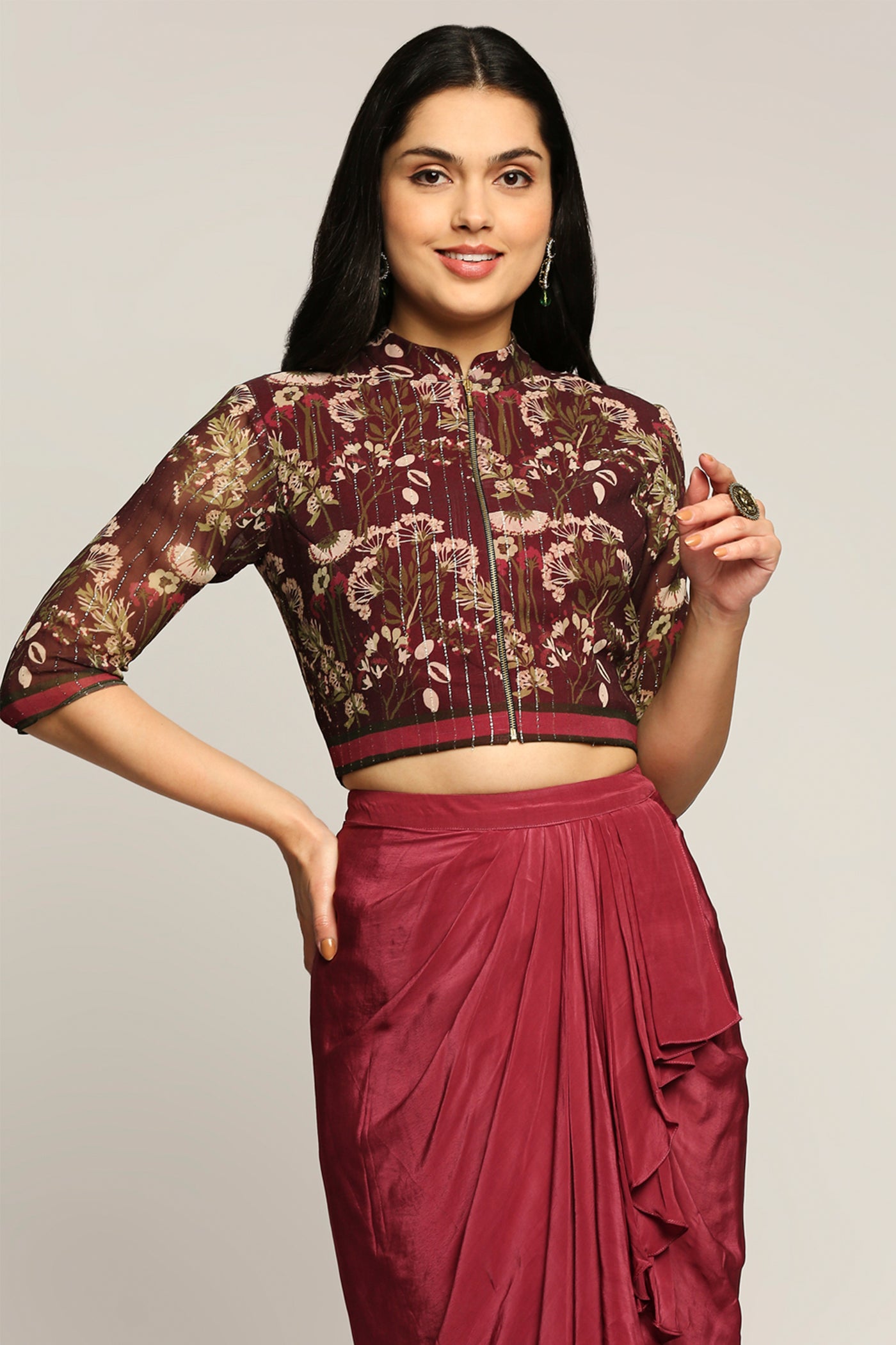 sougat Paul Night Shade Printed Top With Drape Skirt wine western indian designer wear online shopping melange singapore