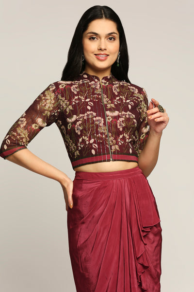 sougat Paul Night Shade Printed Top With Drape Skirt wine western indian designer wear online shopping melange singapore