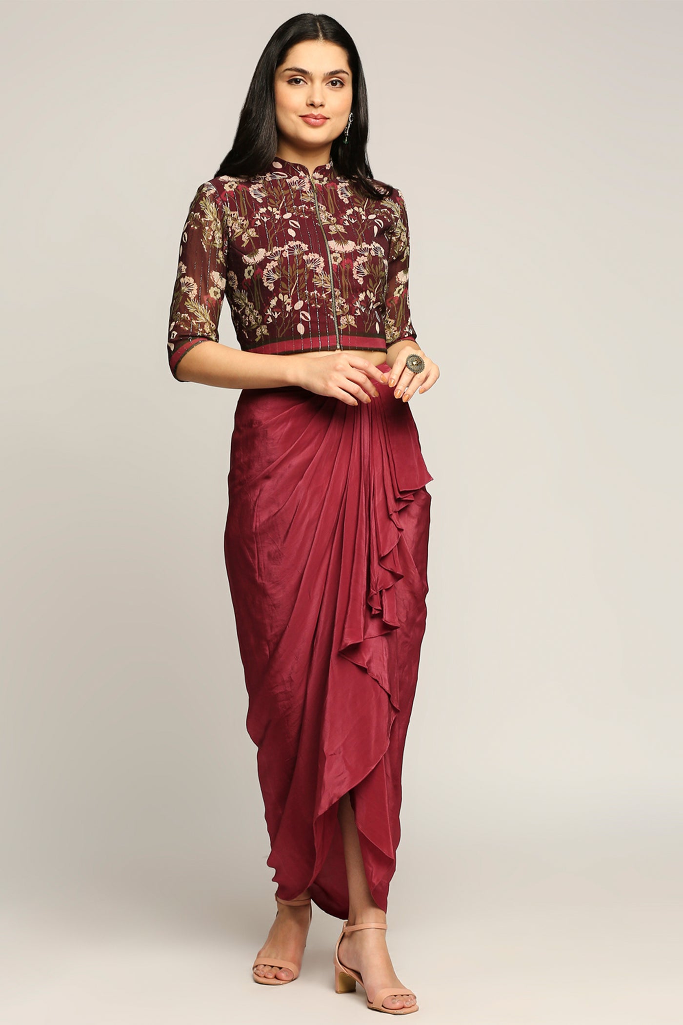 sougat Paul Night Shade Printed Top With Drape Skirt wine western indian designer wear online shopping melange singapore