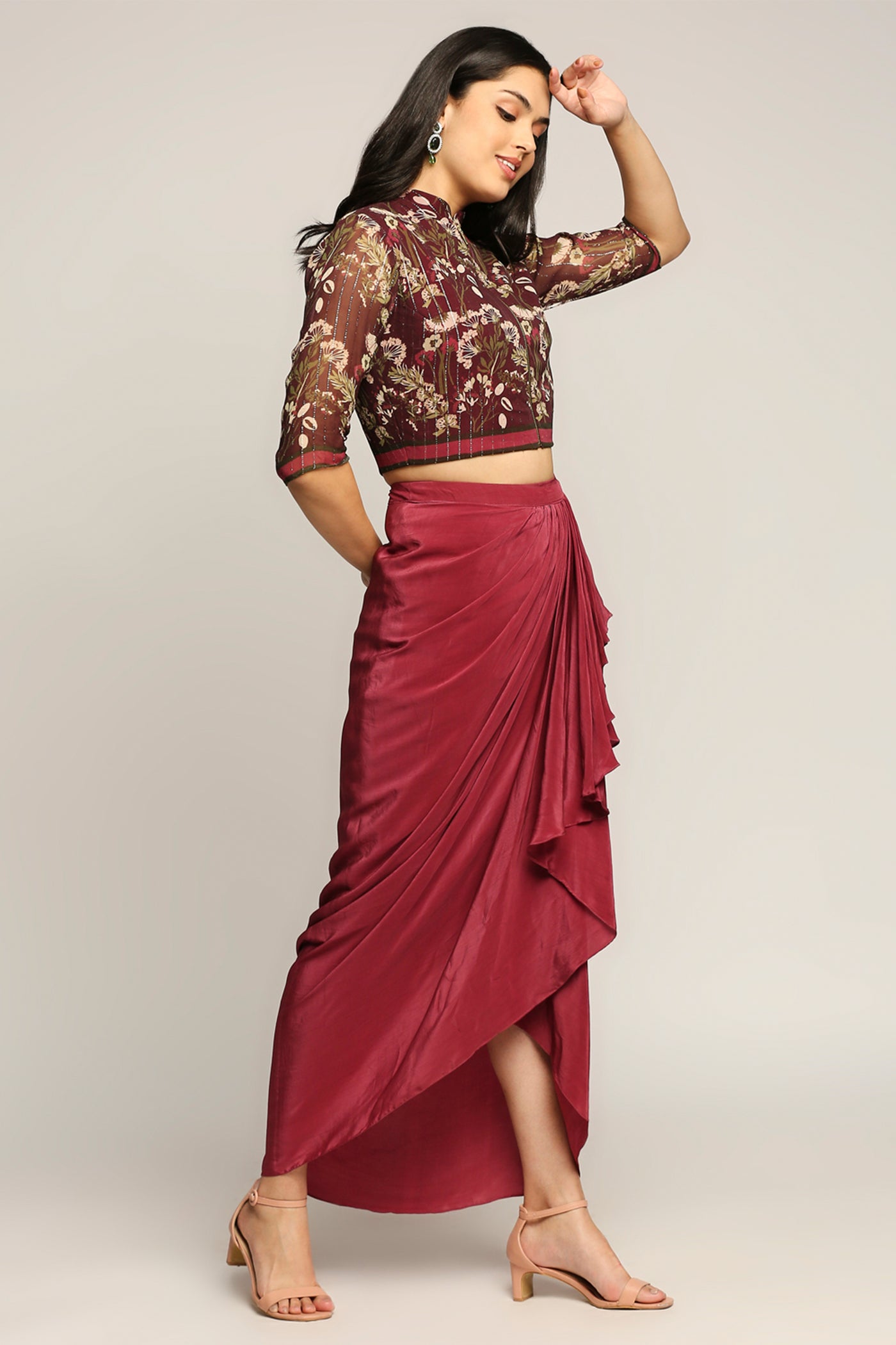 sougat Paul Night Shade Printed Top With Drape Skirt wine western indian designer wear online shopping melange singapore