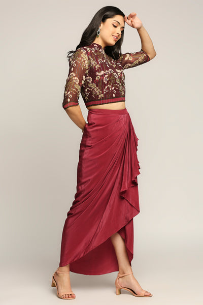 sougat Paul Night Shade Printed Top With Drape Skirt wine western indian designer wear online shopping melange singapore