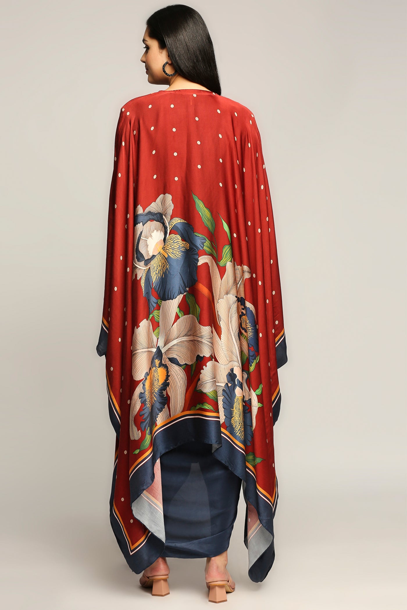 Sougat Paul Orchid Printed Drape Dress With Cape blue red western indian designer wear online shopping melange singapore