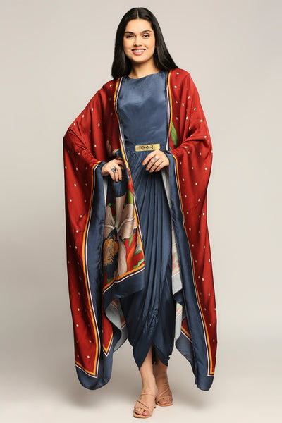 Sougat Paul Orchid Printed Drape Dress With Cape blue red western indian designer wear online shopping melange singapore