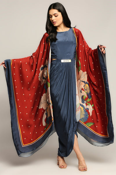 Sougat Paul Orchid Printed Drape Dress With Cape blue red western indian designer wear online shopping melange singapore