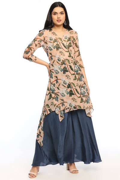 Sougat Paul Orchid Bloom Printed Asymmetrical Kurta With Flared Pant peach blue online shopping melange singapore indian designer wear